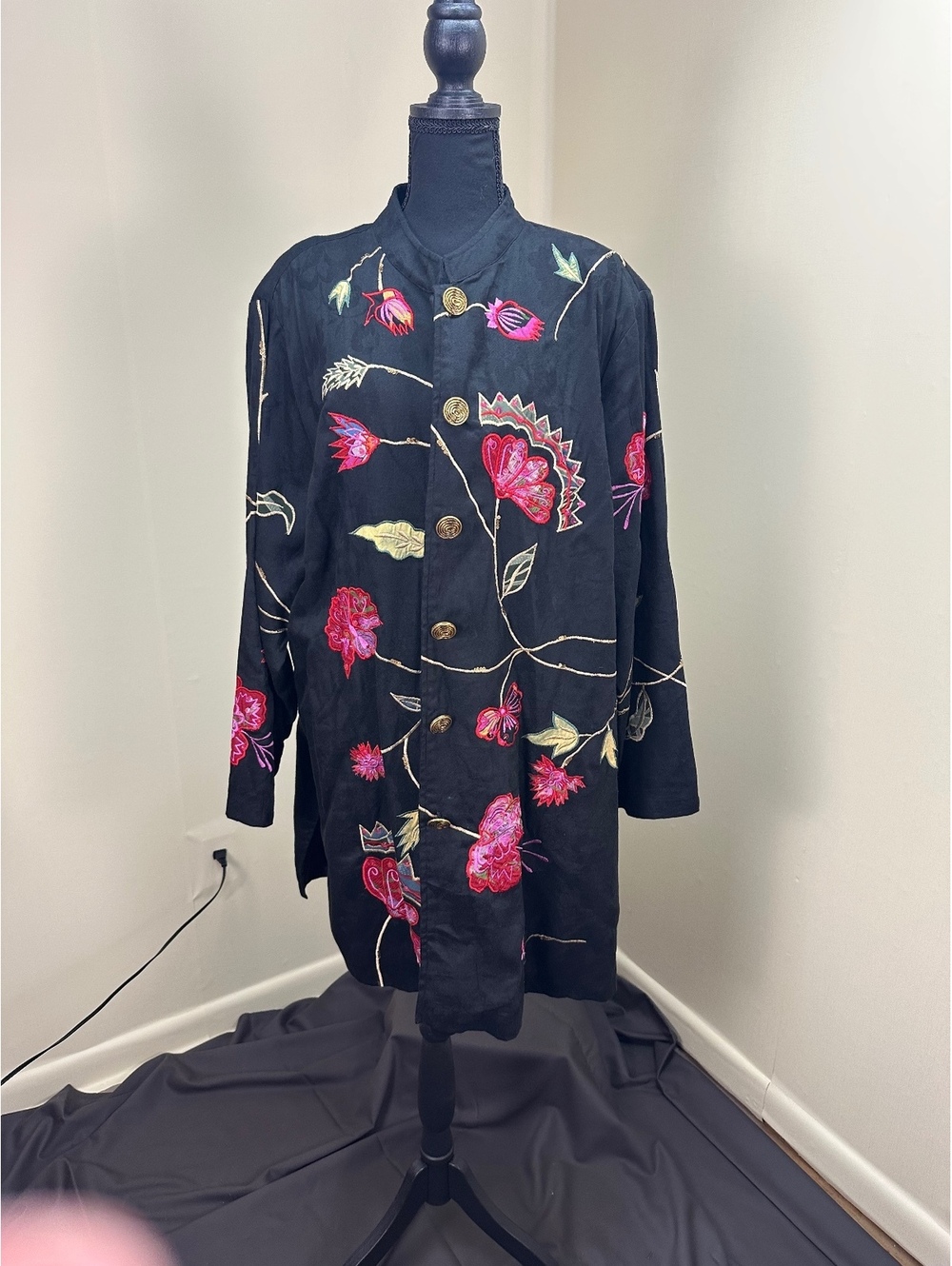 Indigo Moon Black Floral Embroidered Sequin Longline Jacket 2XL NWOT
